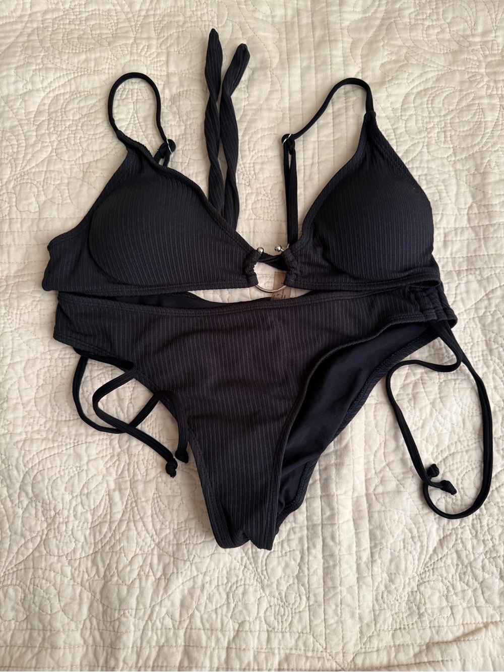 SHEIN Black Ribbed Tie-Side Bikini Set